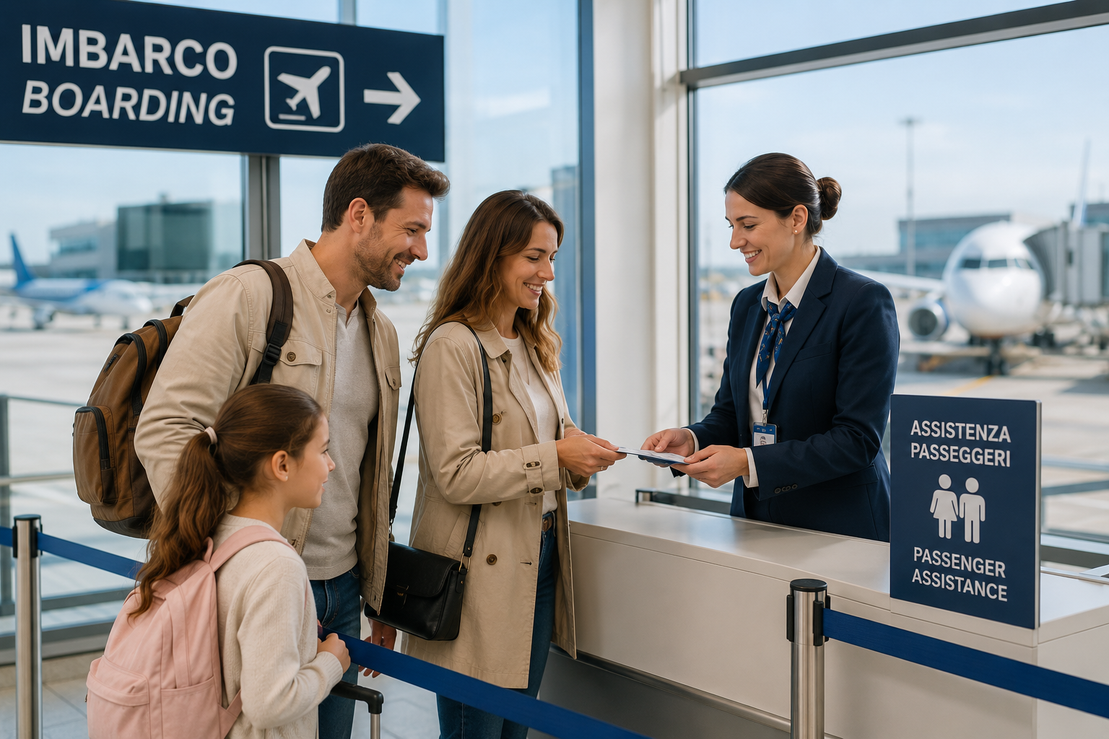 Staff aeroportuale che assiste passeggeri al banco check-in