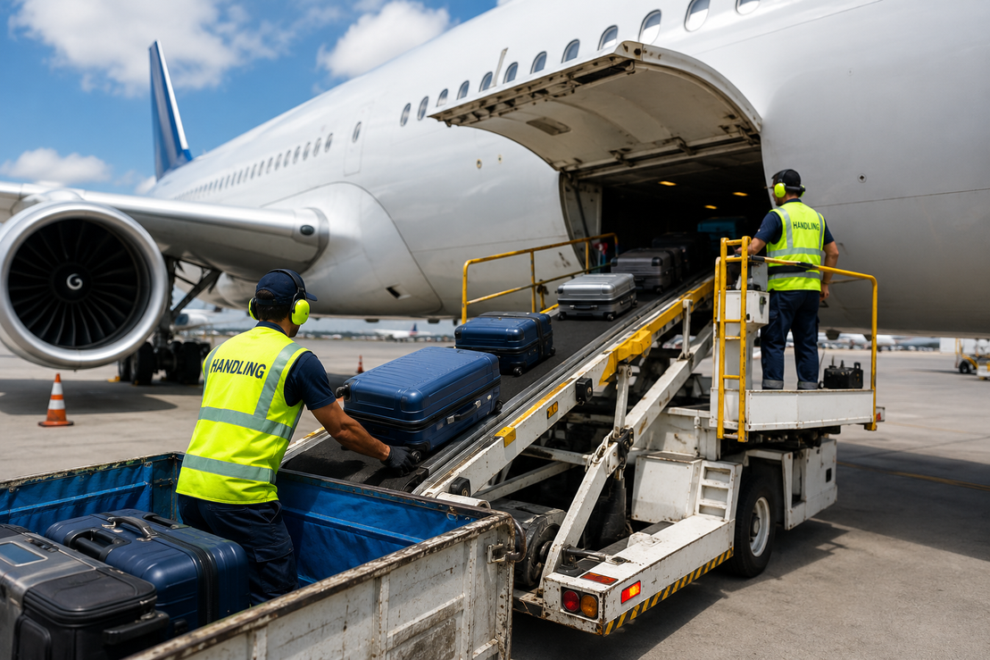 Personale di handling che movimenta bagagli in area aeroportuale