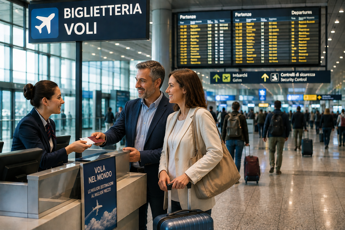 Banco biglietteria aerea con operatore che assiste un cliente