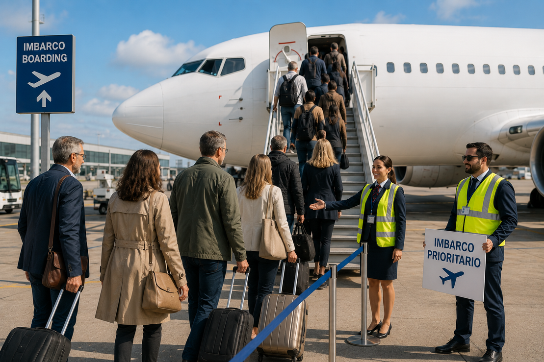 Passeggeri che si imbarcano su un volo charter accompagnati dallo staff di terra