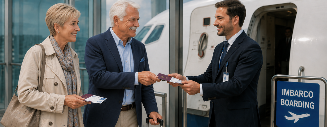Addetta aeroportuale che assiste un passeggero al banco informazioni