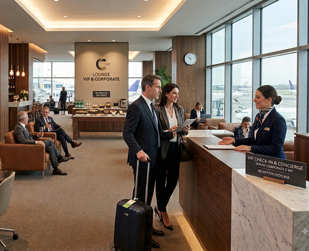 Passeggeri in una lounge aeroportuale con personale di assistenza